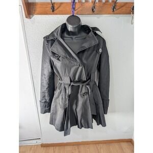 VIA SPIGA W Petite Hooded Rain Coat Jacket Pleated Black‎ Sz S Removable Hood